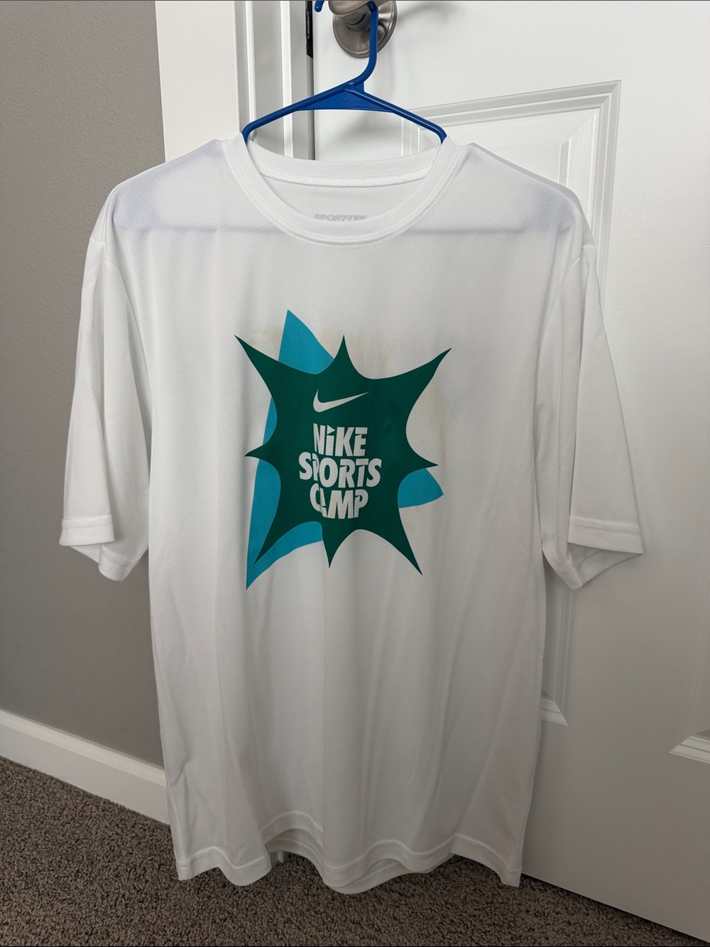 Nike White Short-Sleeve Sports Camp Graphic Tee with Teal Accents